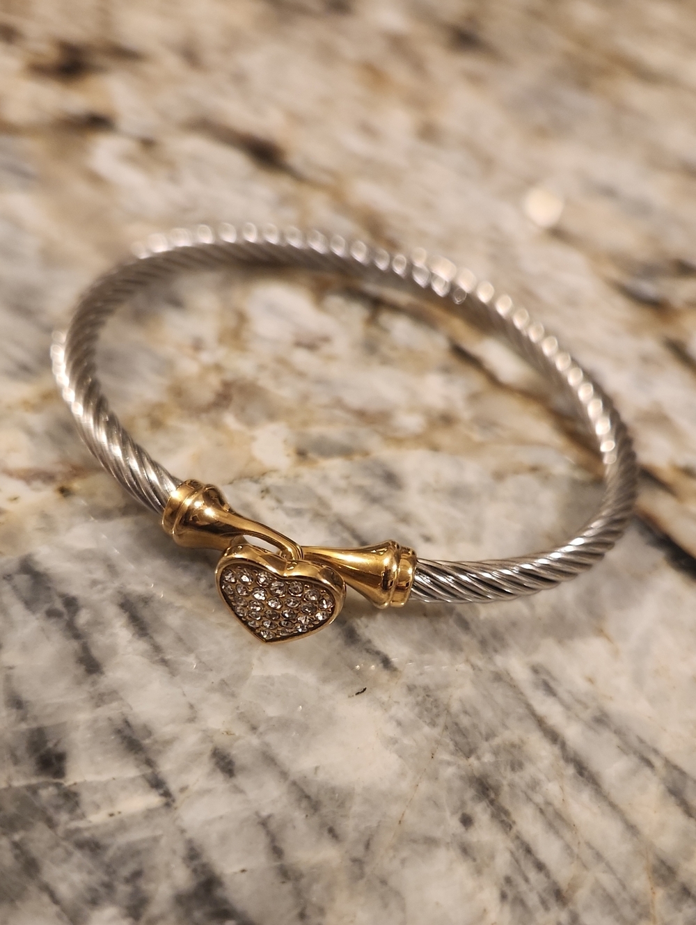 Heart Pave Cable Bracelet - Silver And Goldtone.